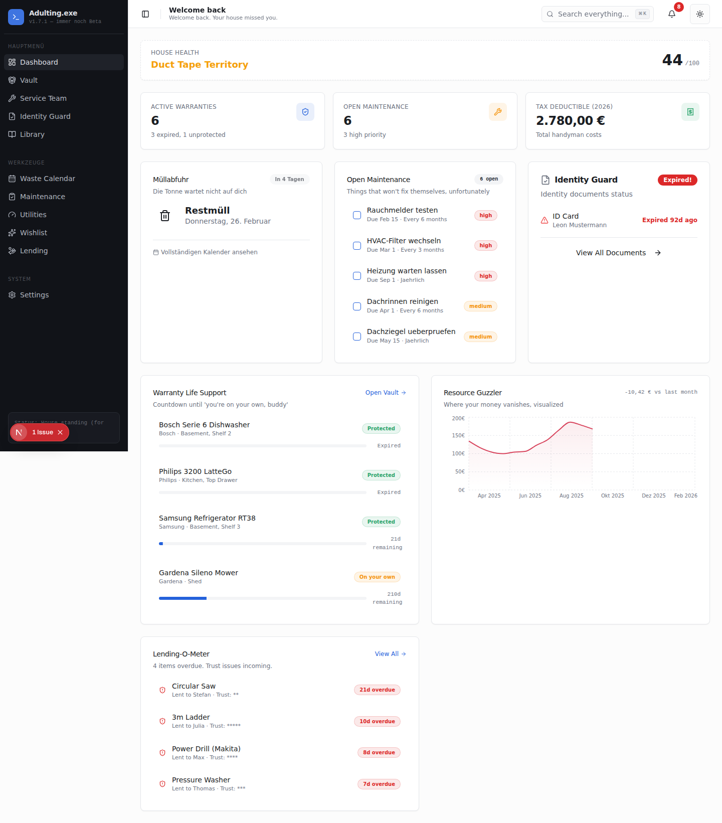Adulting.exe Dashboard overview
