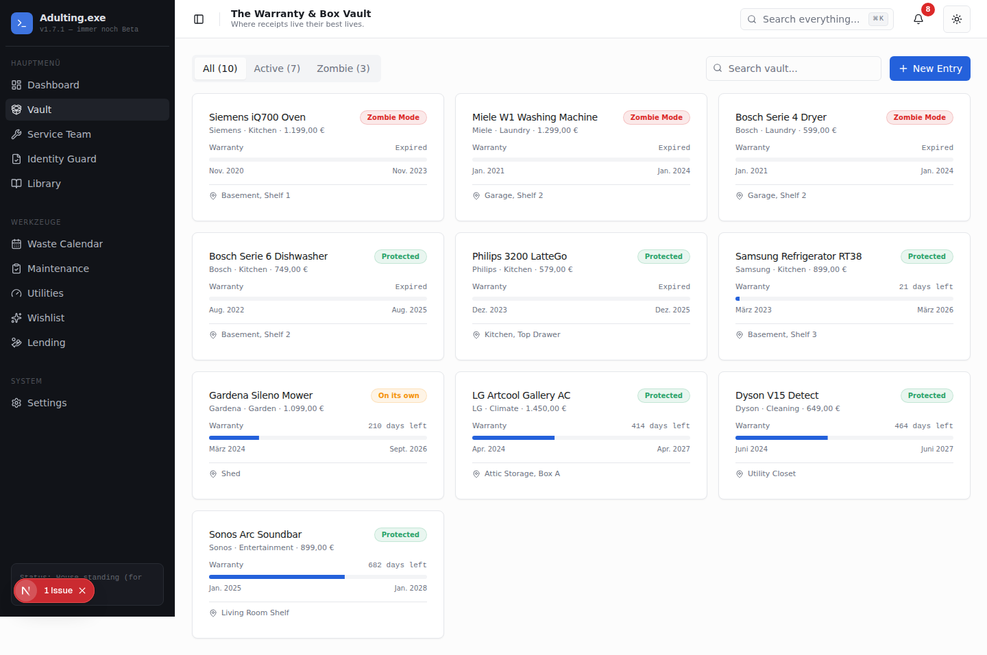 Appliance vault and warranty tracker